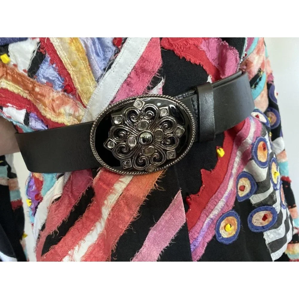 Vintage Express Wide Black Leather Belt Large Buckle Enamel Rhinestones‎ Medium